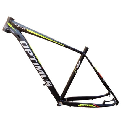 29-inch black green aluminium mountain bike frame with disc brake bracket and innerline cable routing