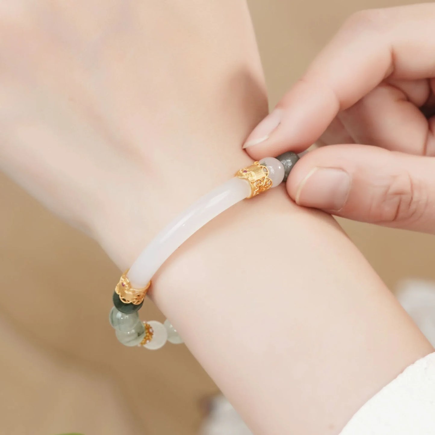 Emerald green Tian Shan Cui stone half bracelet with round beads in national style design for women