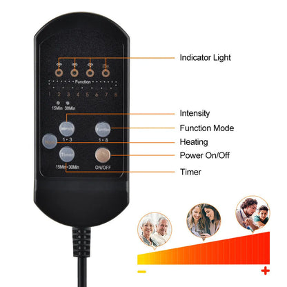 Black electric cervical massager with wireless remote control and OPP storage bag