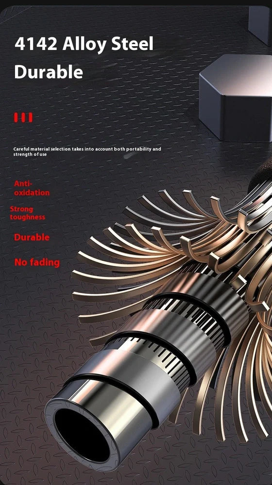 Automatic spring expandable baton in titanium black with aluminium alloy construction showing three length options