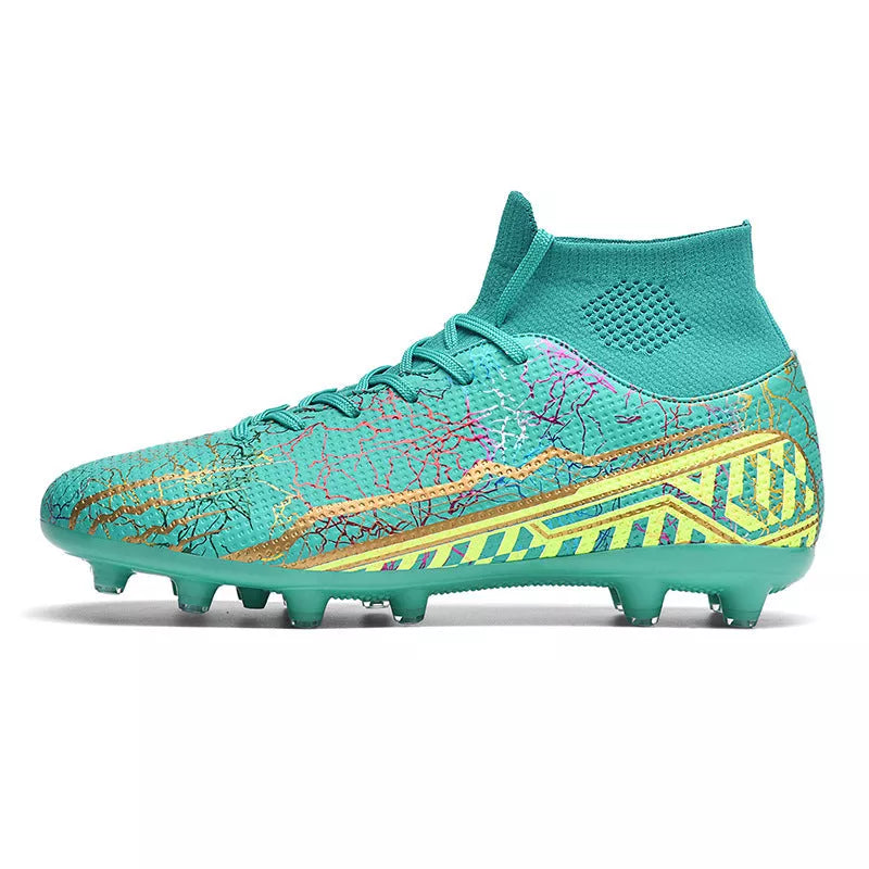 Youth High-Top Spike Turf Soccer Shoes in various colors for enhanced grip and comfort on the field.