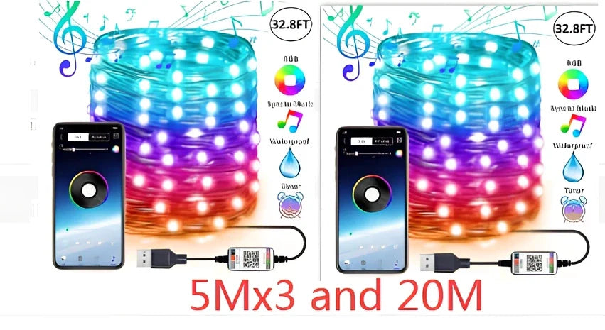 Programmable LED Christmas tree lights with app control showing custom colour animations on festive tree