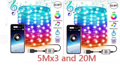 Programmable LED Christmas tree lights with app control showing custom colour animations on festive tree