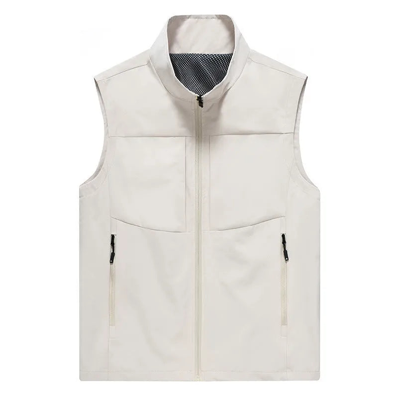 Men's loose fit casual cardigan vest in army green with stand collar and zippered pockets