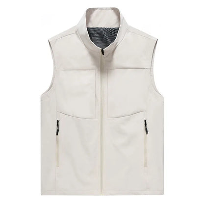 Men's loose fit casual cardigan vest in army green with stand collar and zippered pockets