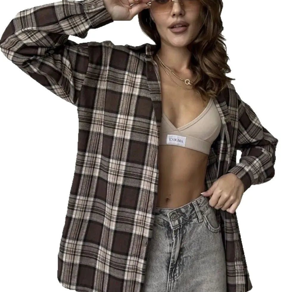 Dark brown retro striped women's long sleeve shirt with a collar and button-up front.