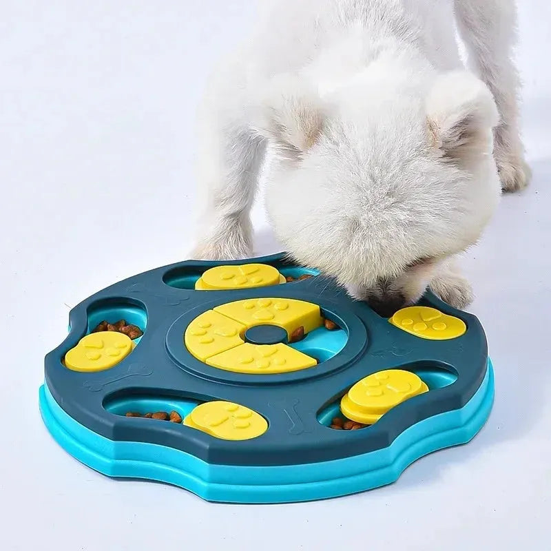 Blue dog puzzle feeder toy with food compartments and interactive searching games