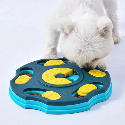 Blue dog puzzle feeder toy with food compartments and interactive searching games