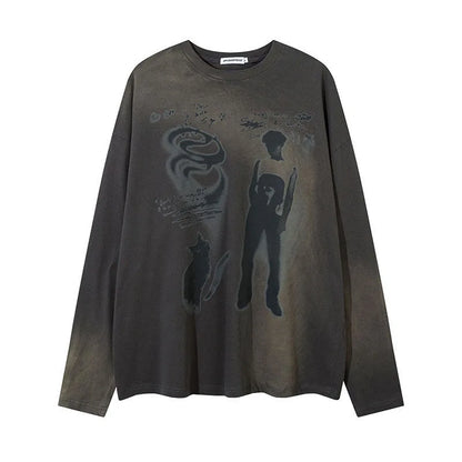 Loose fit cotton pullover top with drop shoulder sleeves and letter print in dark grey colour