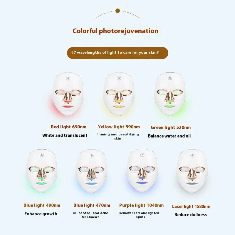 White golden edge LED beauty mask with manual touch controls and fixing strap for facial treatments