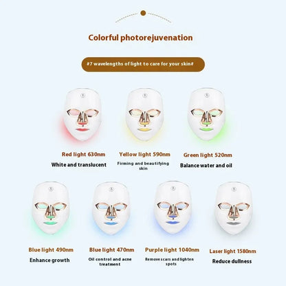 White golden edge LED beauty mask with manual touch controls and fixing strap for facial treatments
