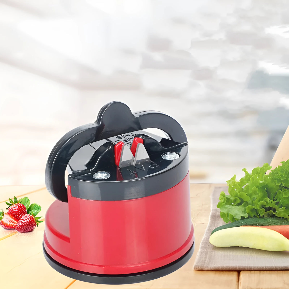 Small suction cup knife sharpener, ABS blade, 65 x 65mm, shown in red yellow green blue orange black white gold silver