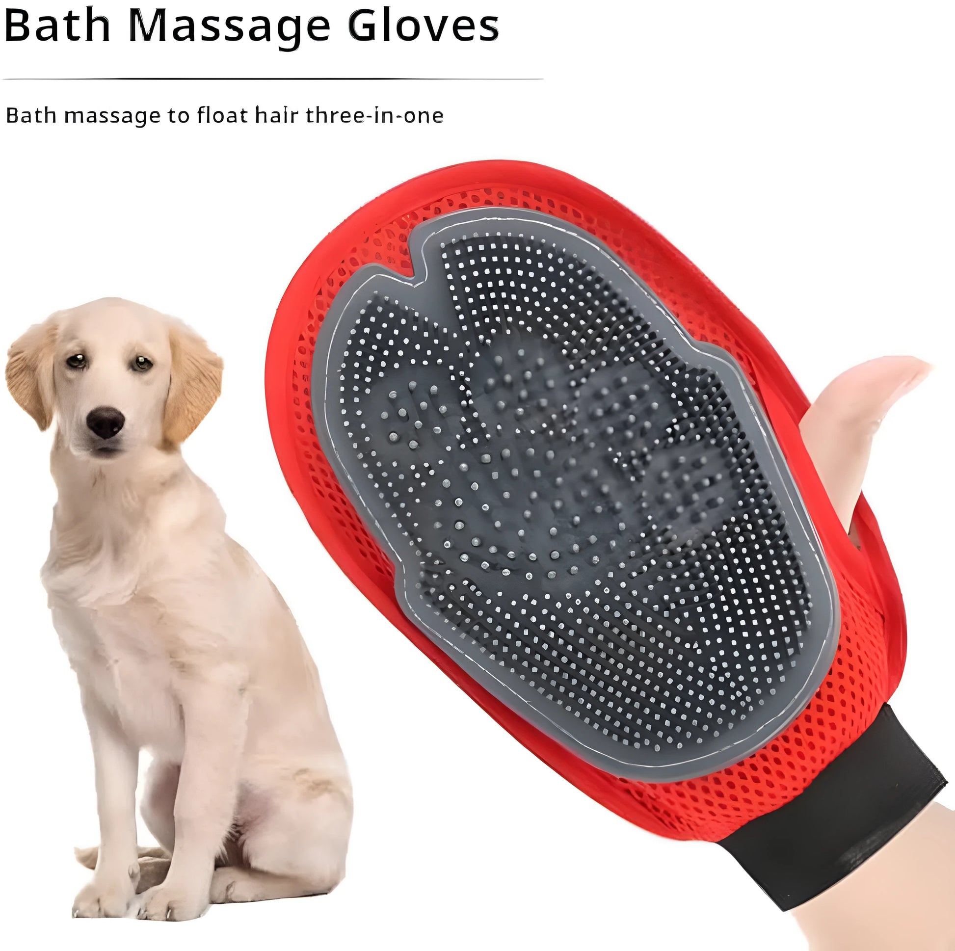 Red pet bathing glove measuring 26x16cm with adjustable design for left or right hand use
