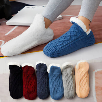 Winter woolen socks with V-opening design and anti-slip dots on soles in navy blue colour