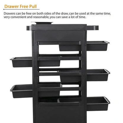 Black 6-layer hair salon tool car with plastic construction and wheels for mobile storage