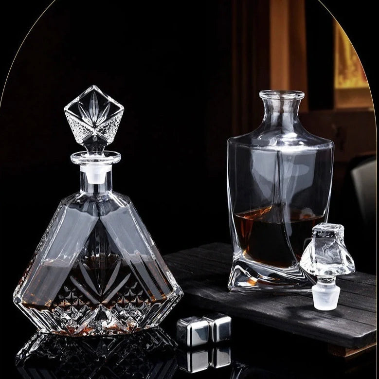 Hand-cut Bohemian crystal whiskey decanter with retro design and tapered pouring neck on wooden bar