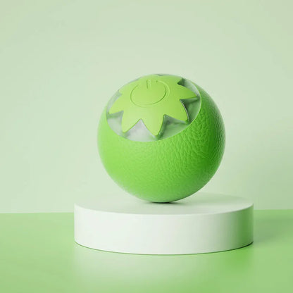 Green automatic rotating ball pet toy for dogs and cats on indoor flooring