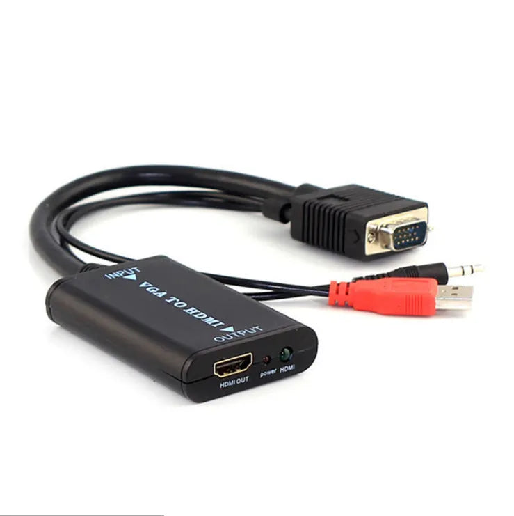 Black VGA to HDMI female converter with USB power cable for 1080p video conversion