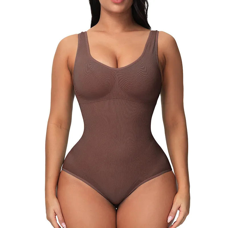 Women's seamless one-piece nylon bodysuit for waist support and body sculpting, shown in apricot colour.