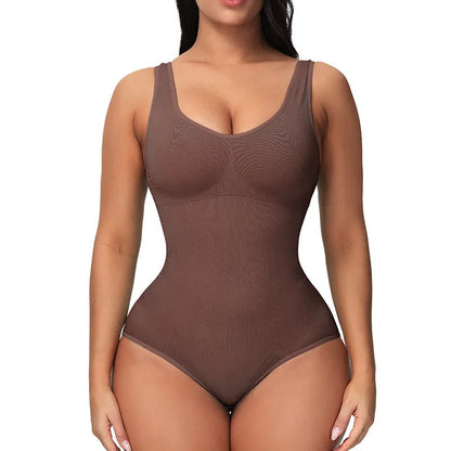 Women's seamless one-piece nylon bodysuit for waist support and body sculpting, shown in apricot colour.