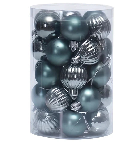 34 Christmas tree ball ornaments in assorted colours with 6cm diameter plastic construction