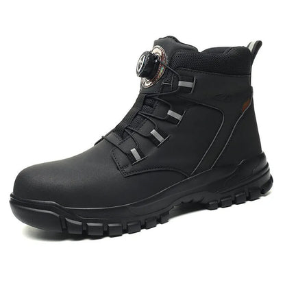 Black lightweight labour protection shoes with leather upper and rubber sole, showing anti-smash and anti-puncture design.
