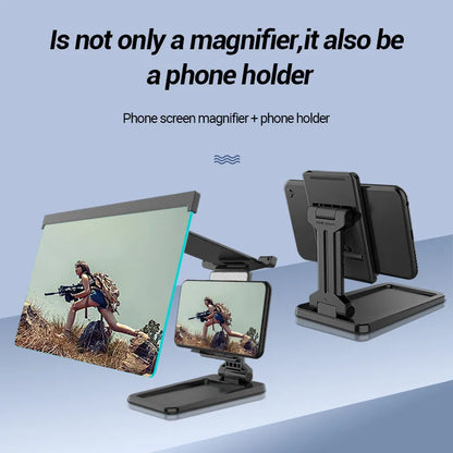 Black mobile phone screen amplifier with detachable holder, magnifying to 12 inches, folded for portability