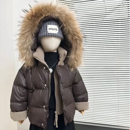 Children's winter down cotton jacket, fake two-piece, brown, polyester fibre, thickened, 110cm-160cm
