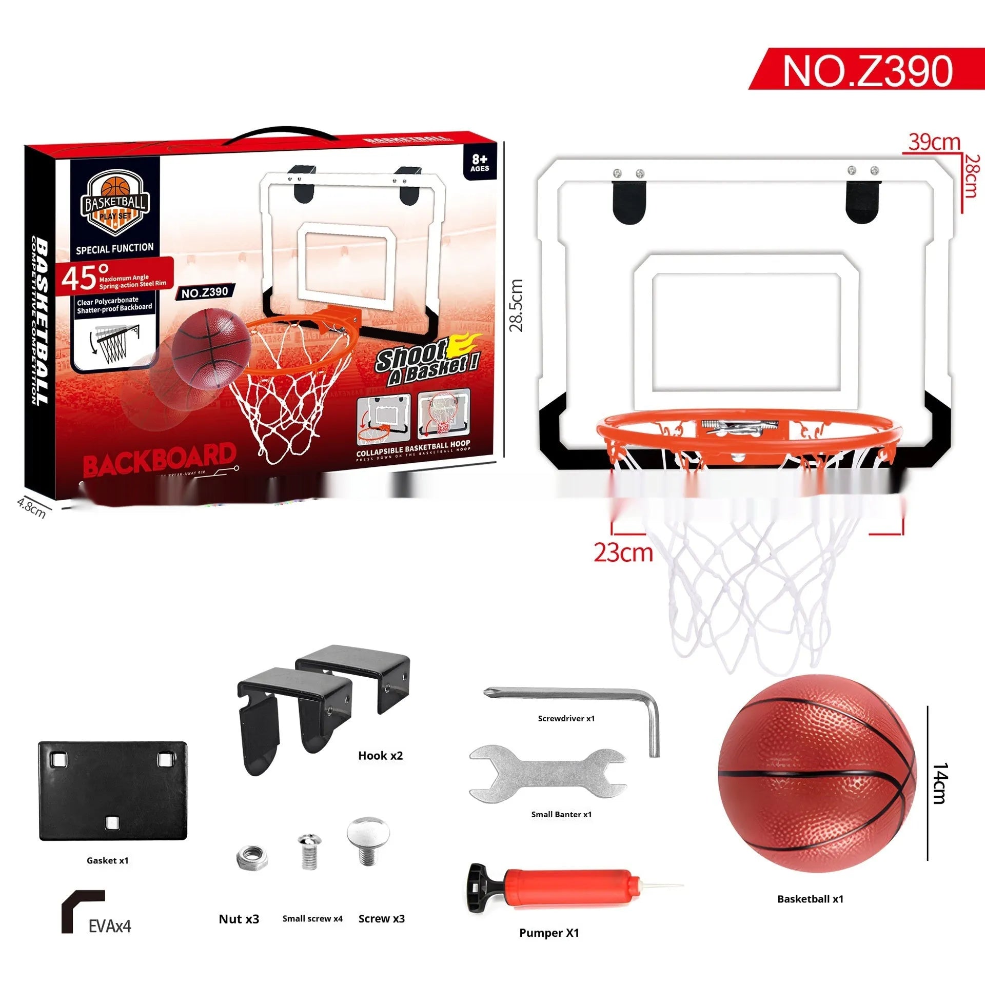 Red folding basketball frame with suction cups mounted on door, showing 400x300mm panel and 16cm ball