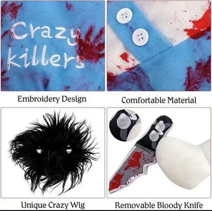 Pet costume with bloody doll design and sand carving details for cats and dogs in five sizes