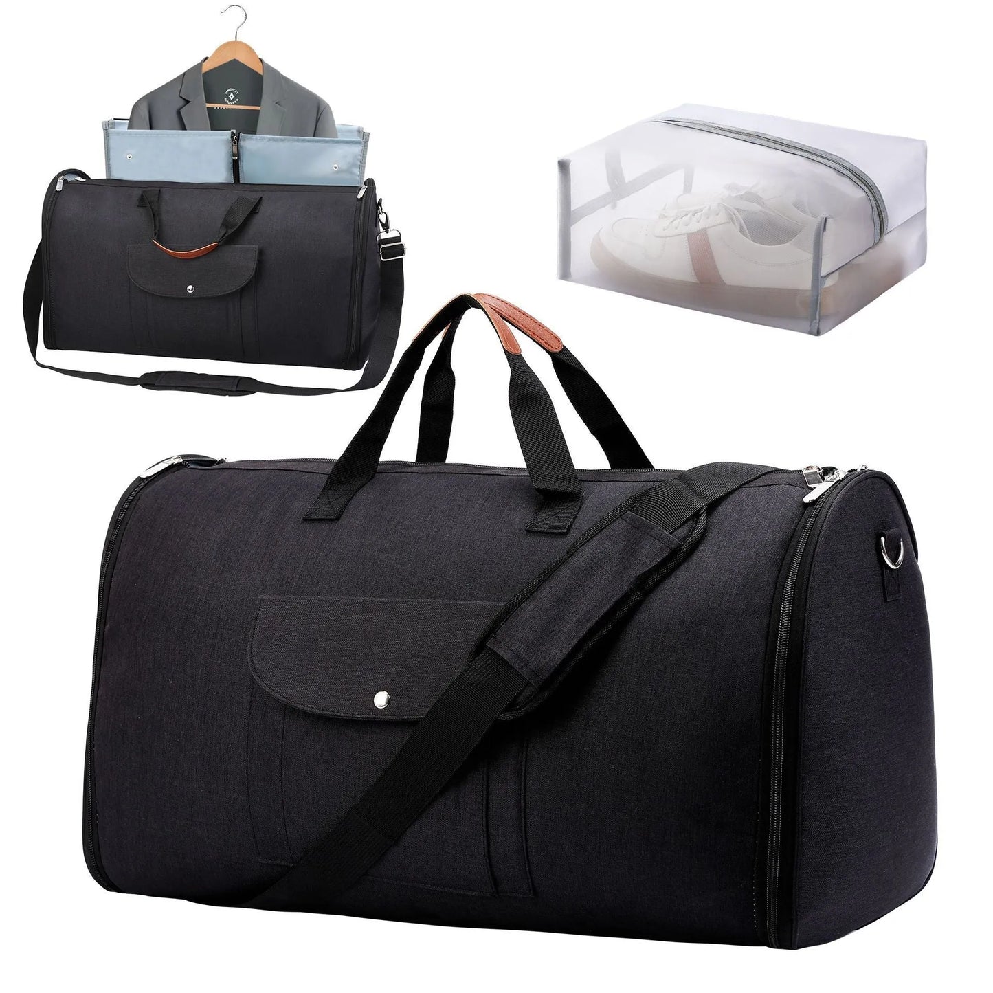Dark blue folding duffel bag with carrying handles, shown open to display main compartment.