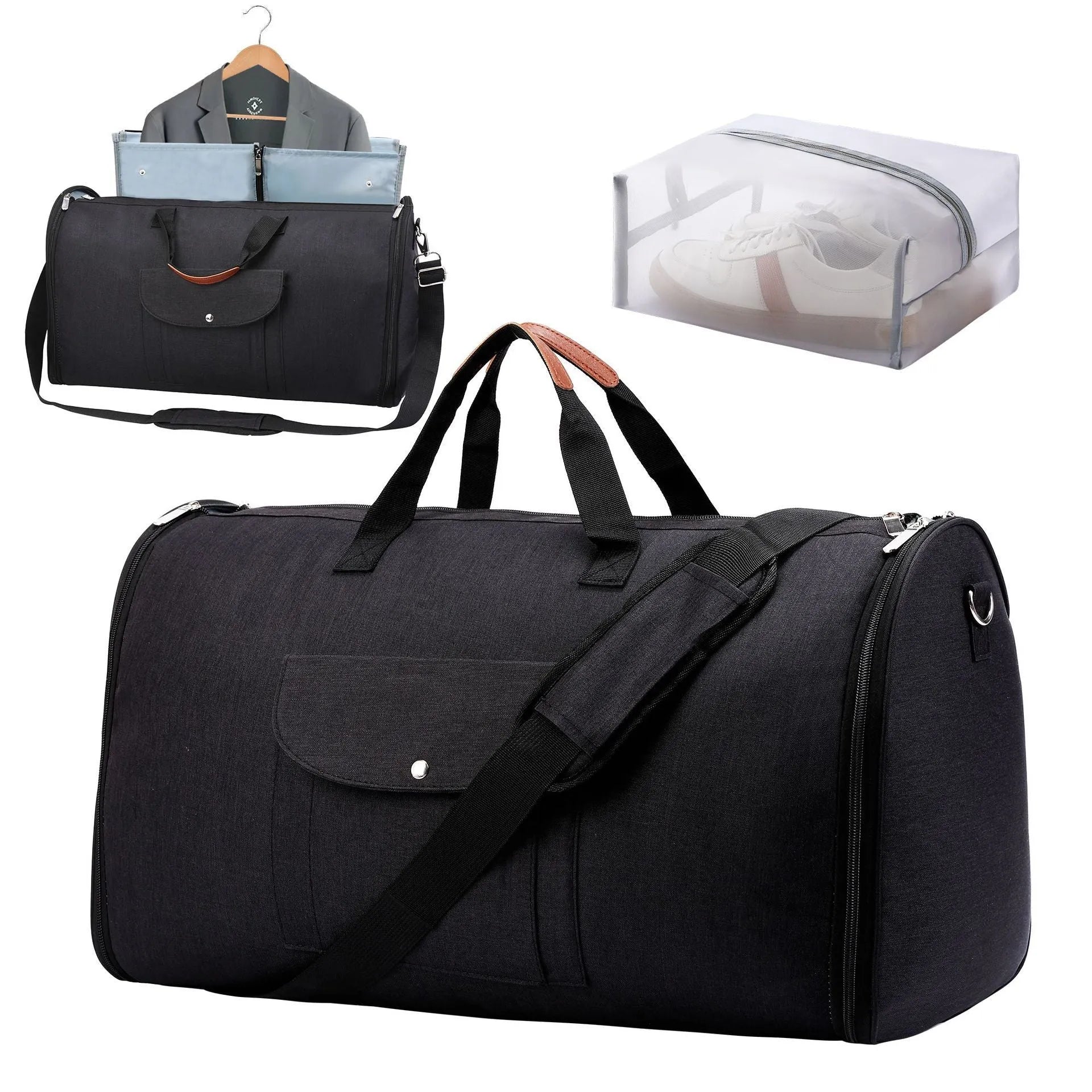 Dark blue folding duffel bag with carrying handles, shown open to display main compartment.