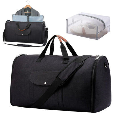 Dark blue folding duffel bag with carrying handles, shown open to display main compartment.