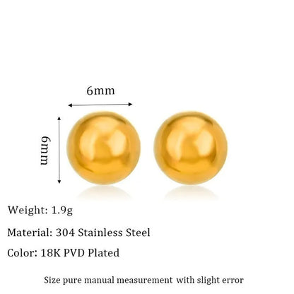 Stainless steel ball stud earrings with round geometric shape in gold or silver finish, sizes 3mm to 6mm