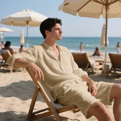 A man wearing a light blue linen long sleeve shirt and matching shorts on the beach.