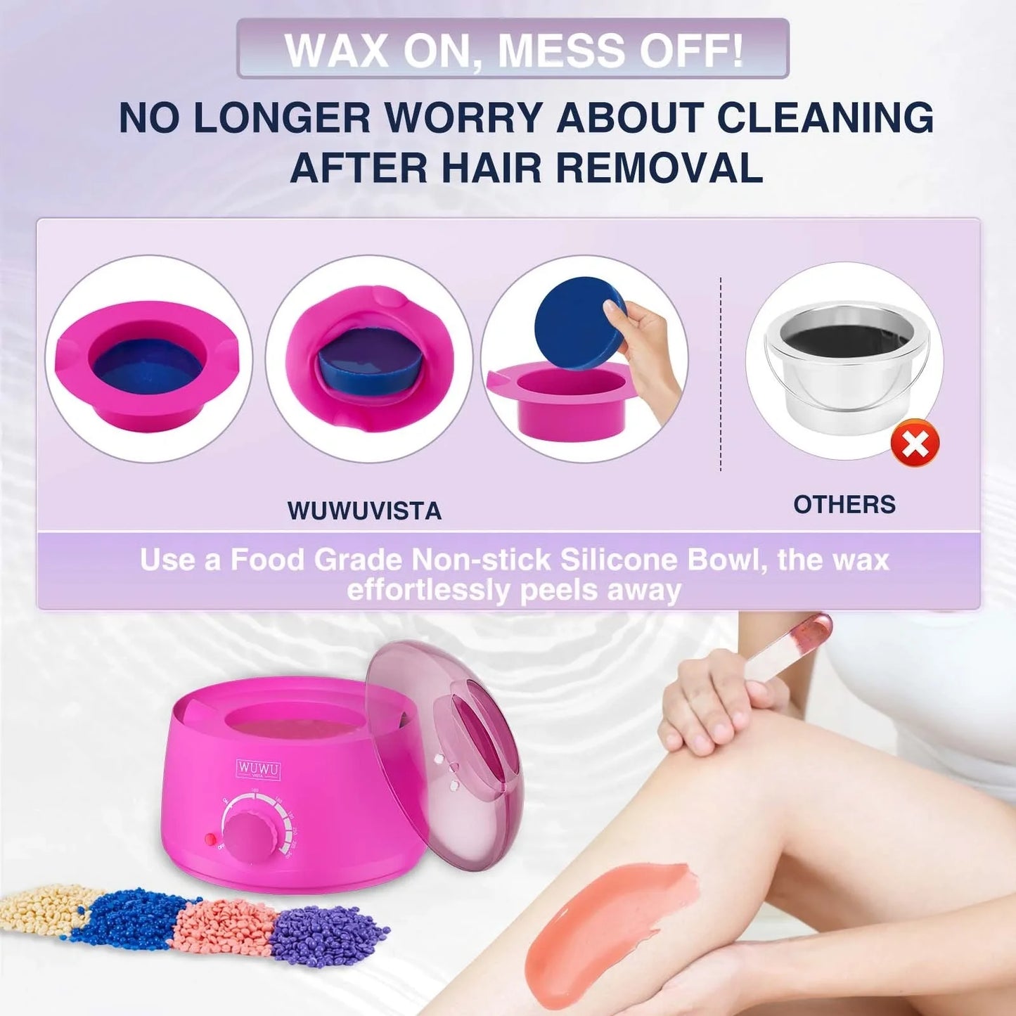 WUWUVISTA Wax Beads Kit with wax warmer, silicone tools, and soothing post-wax treatments for salon-quality hair removal at home