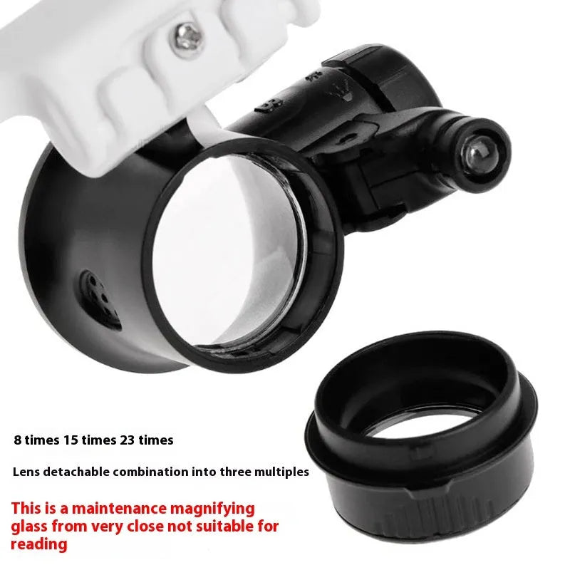 White head-mounted magnifying glass with adjustable band, 30mm lenses, and foldable design for circuit board repair