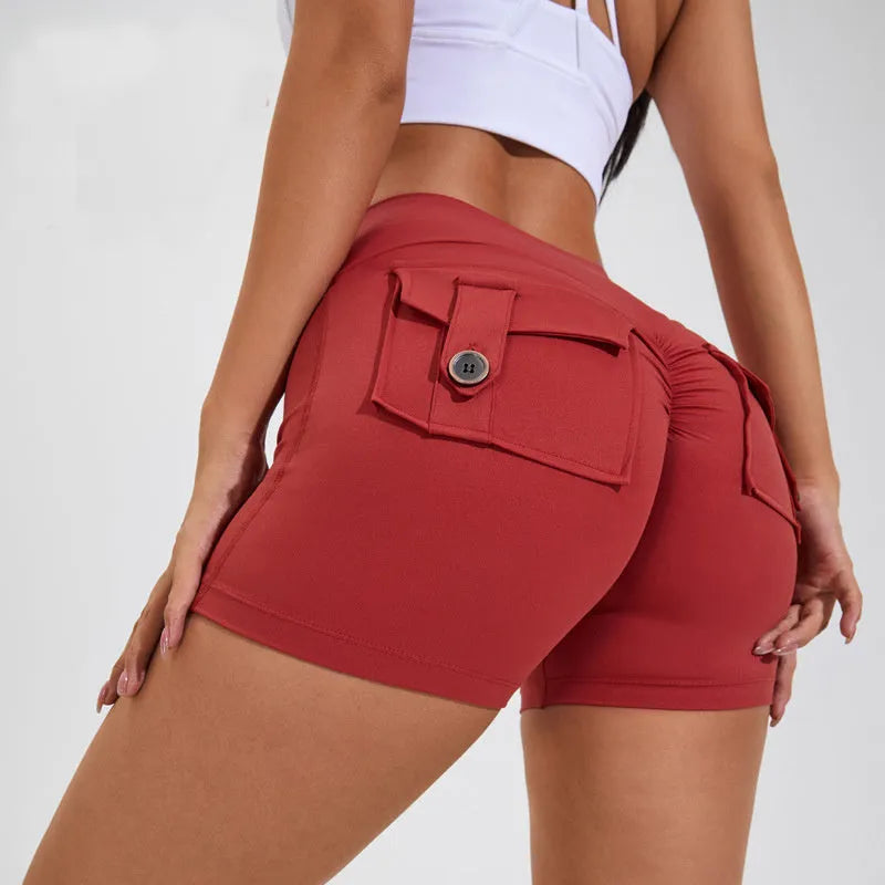 Women's high-waist fitness shorts with pockets in quick-dry nylon fabric
