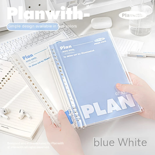 A5 PVC notebook storage organiser with clear front window in white or blue colour