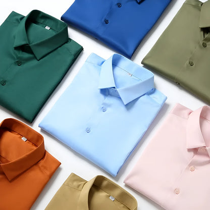 Elastic silk men's long-sleeved non-ironing shirt in solid colour with loose fit sizing
