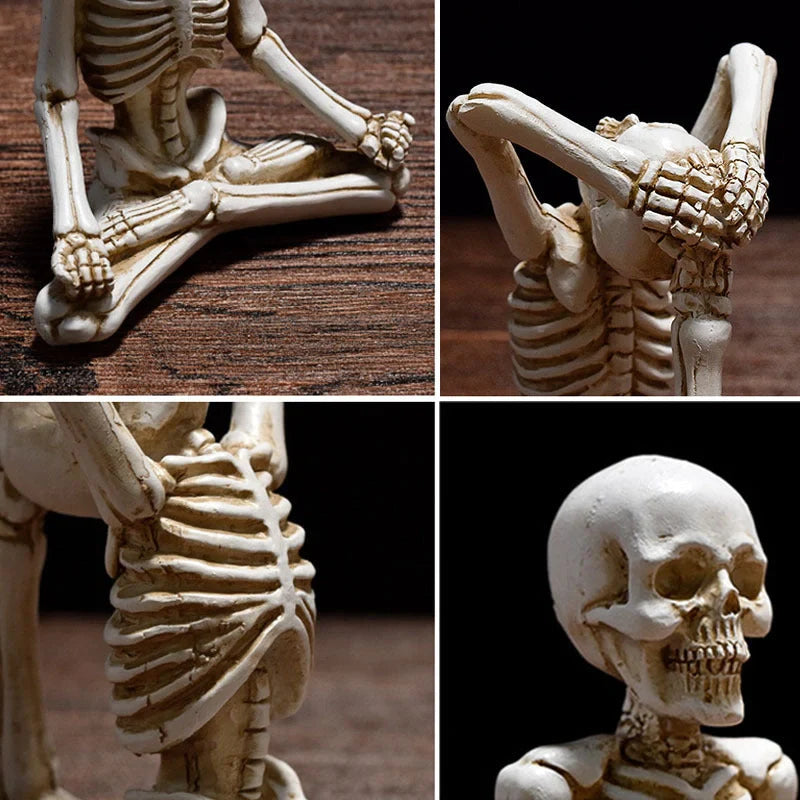 Spooky skeleton desktop decorations featuring intricate resin skulls and skeletons in vintage white and ominous black color options