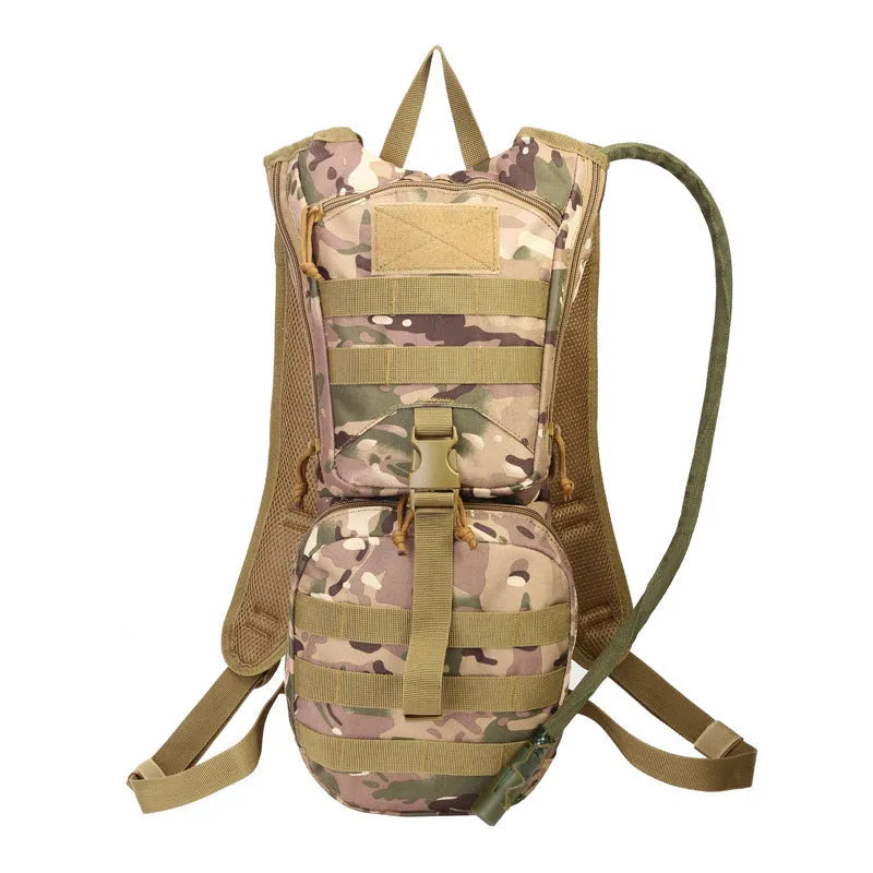 Green camouflage cycling hydration backpack with large main compartment and ergonomic back panel.