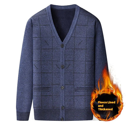 A plus size men's grey cardigan with batwing sleeves and a fleece lining, shown on a hanger.