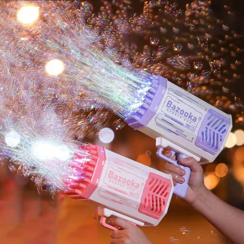 Powerful 69-hole bubble blasting rocket launcher with colorful LED lights for endless bubble-popping fun