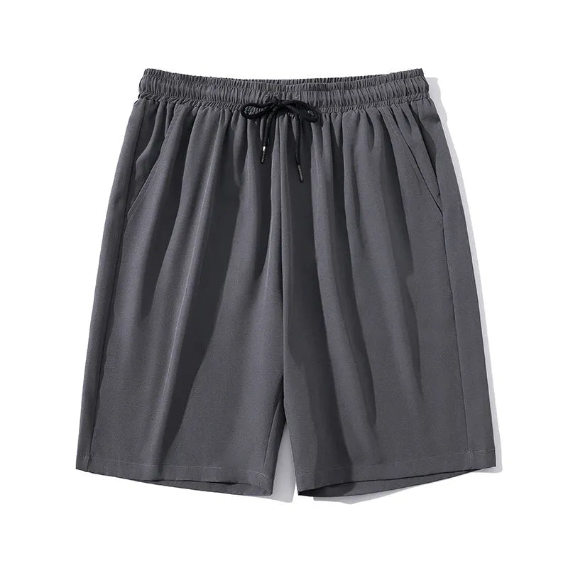 Men's ice silk sports casual pants made from quick-drying nylon with high elasticity, cropped length, straight fit style for summer beachwear and athletic leisure in black, gray, khaki, or blue