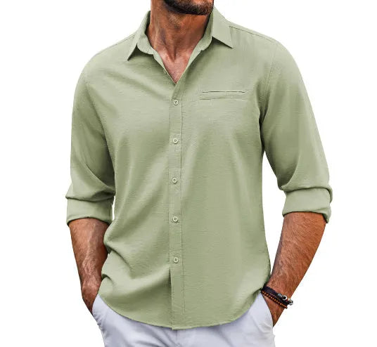 Men's casual long sleeve cotton blend shirt with polo collar, chest pocket, and lace trim detail in solid colours