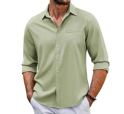Men's casual long sleeve cotton blend shirt with polo collar, chest pocket, and lace trim detail in solid colours