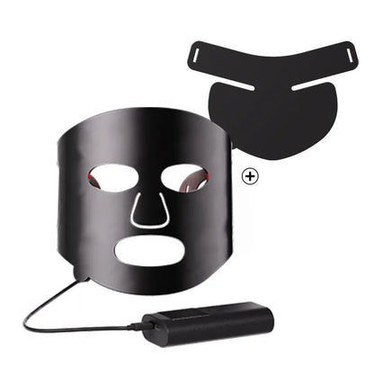 Black and white LED phototherapy face mask with controller showing seven colour light therapy options