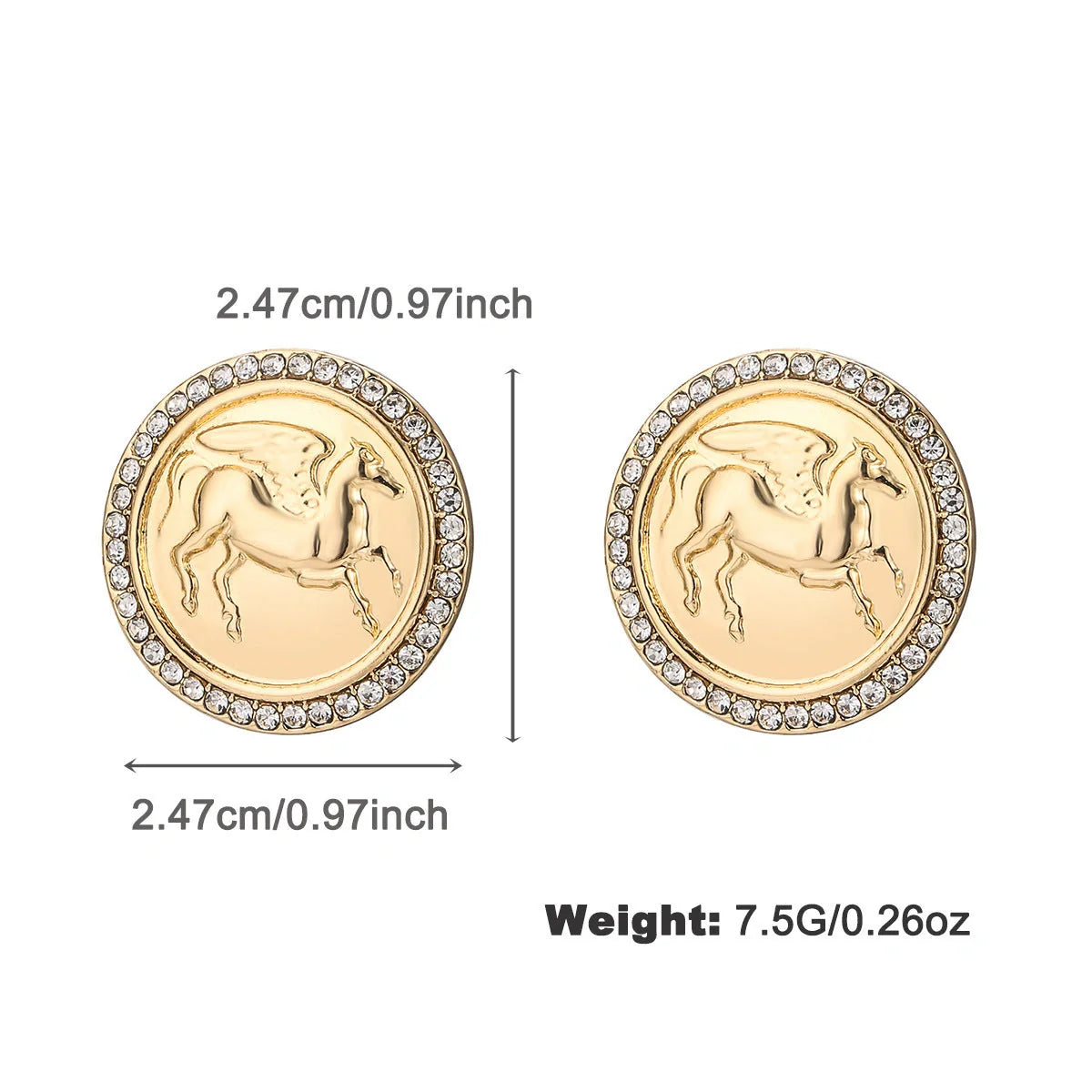 Intricate Pegasus coin pendant necklace and earrings set with classic O-chain design in alloy metal