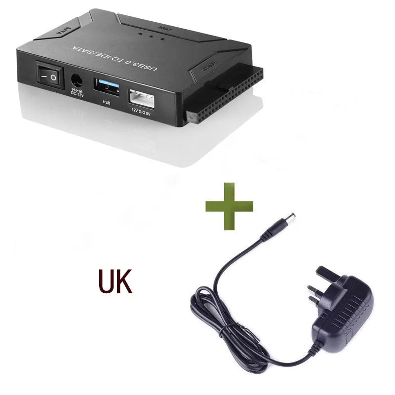 USB to IDE and SATA hard disk adapter with power supply and cables for desktop drive connectivity